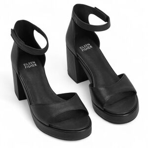 Eileen Fisher Nava Platform Sandals Womens 9.5M Black‎ Tumbled Leather Heel NEW